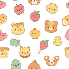 Adorable kawaii sweets and animal faces pattern background for kids design