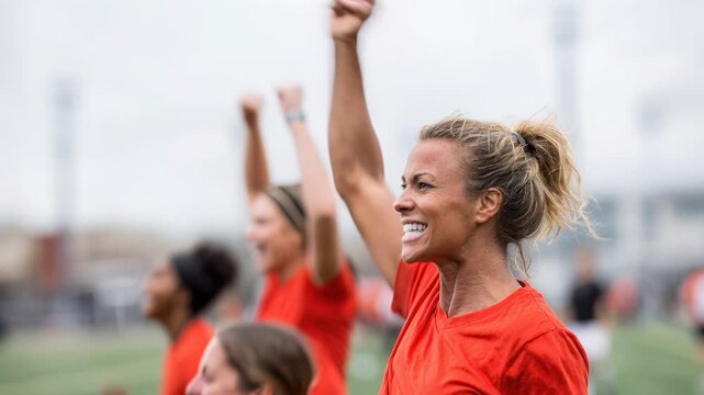 three women celebrating on turf, soccer teammates raising arms in victory, broad smiles, stadium lights glowing, overcast sky, postgame excitement, close