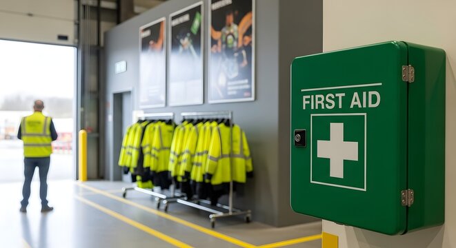 First aid station with safety vest and worker in warehouse, emphasizing workplace health, safety, and emergency preparedness