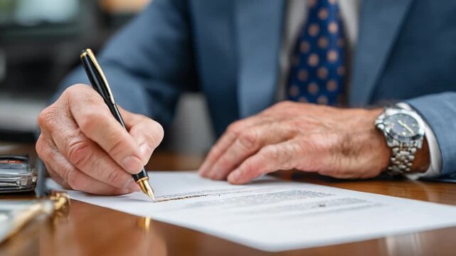 Signing the Contract: A close-up shot of a mature individual in a tailored suit carefully penning their signature on a crucial document, signaling agreement and commitment.