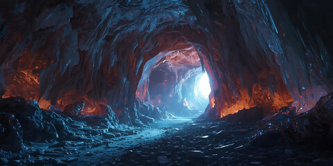 Mystical cave interior glowing with red and blue hues illuminated rocky textures ethereal distant light