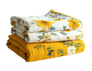 Stacked blankets, white & yellow floral patterns