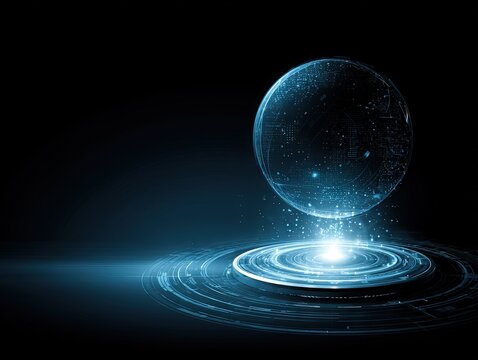A luminous holographic sphere levitating above concentric digital rings, emitting soft blue particles that convey futuristic energy, data flow, and ethereal precision