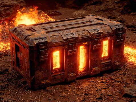 A heavy armored crate pulsating with molten orange light, resting amid scorched volcanic ground as fiery cracks illuminate its dangerous industrial power