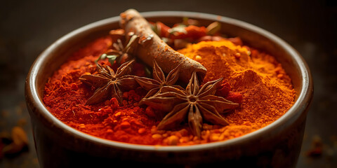 Bowl of vibrant spices with red and yellow powders topped with star anise and cinnamon