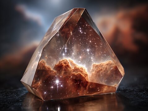 A faceted translucent crystal containing a swirling cosmic nebula of glowing clouds and distant stars, merging celestial wonder with sculpted geometric clarity