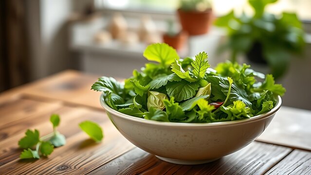 lovage. A fresh salad bowl garnished with vibrant green lovage leaves on a rustic wooden table in soft light. menu design. - Powered by Adobe
