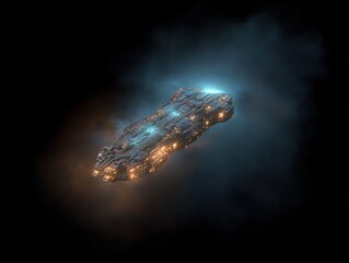 A glowing interstellar spacecraft drifting through a cloud of soft blue and amber haze, illuminated by scattered lights that enhance its mysterious futuristic presence