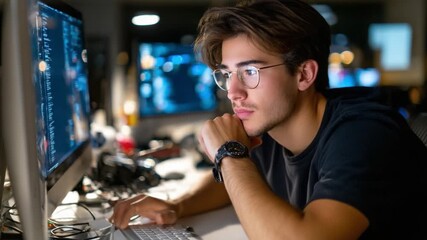 Focused at Work: A young man is engrossed in his work on the computer, showing a sense of dedication and concentration in a low-lit environment.