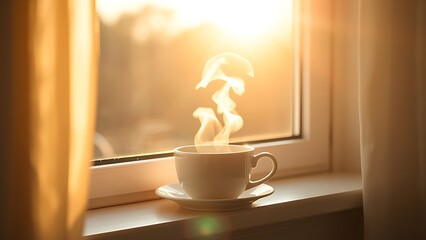 windowsill. Sunlit windowsill with a steaming cup of tea, warm and cozy morning atmosphere. bar promotions, beverage menus, designed for food & beverage menus and cafe branding.