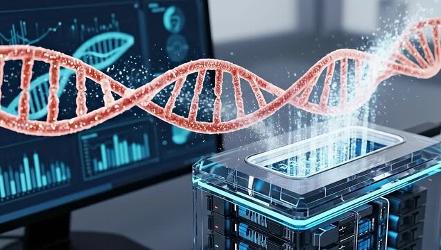 Abstract dna strand floating above a server tower and computer screen