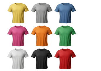 Collection of nine colorful t-shirts arranged in a grid for fashion apparel mockups transparent background