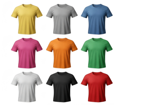 Collection of nine colorful t-shirts arranged in a grid for fashion apparel mockups transparent background