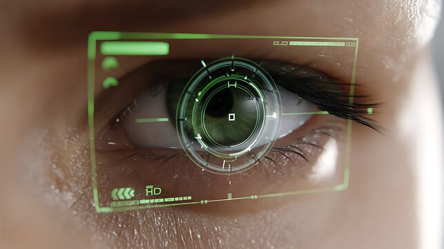 Close-up of a futuristic eye with a digital interface overlay, showcasing advanced technology and vision