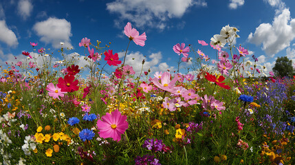 Vibrant wildflower meadow under a blue sky with fluffy clouds wildflowers flowers