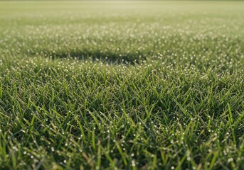 Obraz premium Close up of fresh green grass with dew drops on lawn in early morning with light sparkling against clear atmosphere