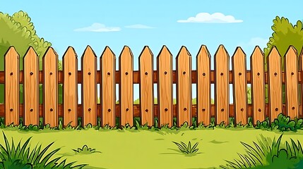 Obraz premium Cartoon wooden fence in a grassy yard under a clear blue sky
