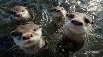 Charming otters: capturing pure playfulness and natural wonder. Avant-garde shots. Baby otters playing: sunlit adventure and splashing waves. Dreamlike imagery. Provocative poses.