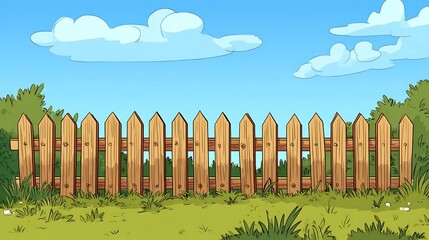Obraz premium Cartoon depiction of a simple, wooden picket fence over grassy ground