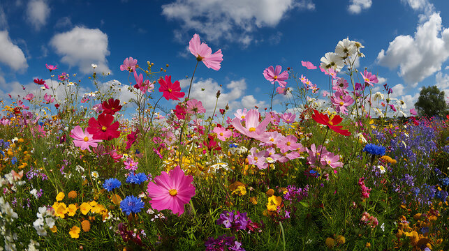Vibrant wildflower meadow under a blue sky with fluffy clouds wildflowers flowers