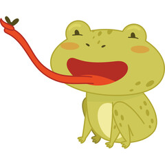 Cute Cartoon Frog With Long Red Tongue Sticking Out Against Transparent Background With Green Skin And Blush Cheeks