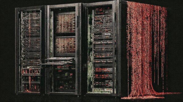 Abandoned server room with corrupted data, showcasing decaying technology and eerie atmosphere