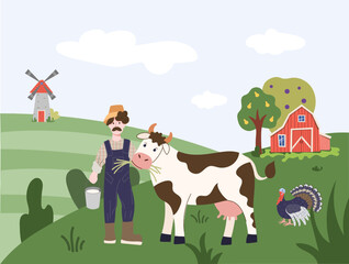 Vector illustration of a smiling farmer standing with cow against a field, barn, windmill and turkey. Symbol of agriculture and farm life.
