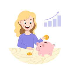 Vector illustration of a cute little girl putting a coin into a pink piggy bank, against a background of an ascending bar chart. Concept of financial literacy, savings, money supply growth for childre