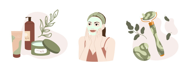 Set of vector illustrations for skin care and beauty. Bottles and tubes of organic cosmetics, woman applying face mask and jade roller with gua sha tools.