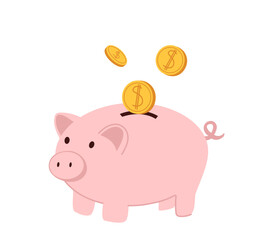 Vector illustration of a pink piggy bank with three gold dollar coins falling into the slot. Symbol of money saving, investment and financial literacy for children and adults.