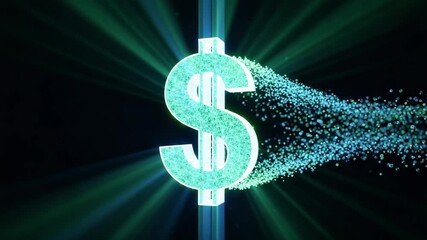 Dollar sign disintegrating into particles, symbolizing the volatility of digital currency - Powered by Adobe