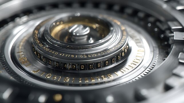 Close-up view of an intricate mechanical dial with numeric markings, showcasing detailed craftsmanship and metallic textures, set against a blurred industrial background
