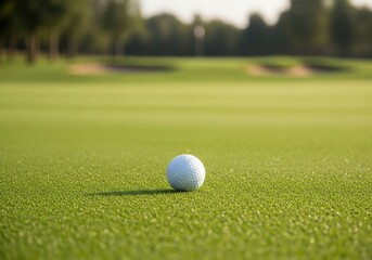 Golf ball sitting on green grass in golf course outdoors detail shot of equipment sport competition game recreation putting range