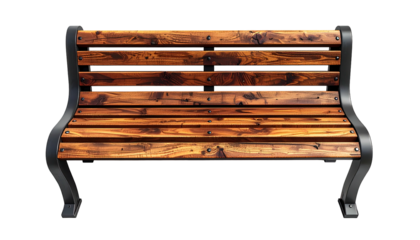 Wooden park bench with curved metal supports