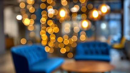 Warm glowing lights illuminate blue velvet seating and wooden table bokeh yellow