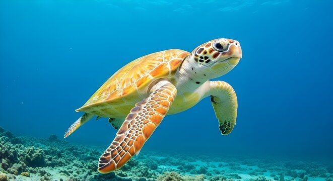 Majestic Green Sea Turtle Swimming in Blue Ocean Water, Underwater Wildlife Photography - Powered by Adobe