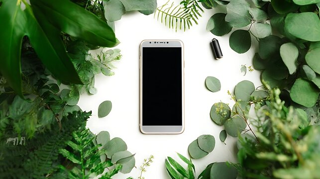 A smartphone rests on an open notebook surrounded by vibrant greenery