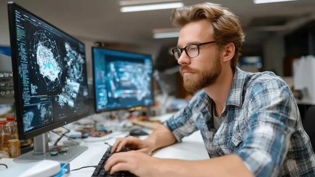 Tech Pro at Work: A focused man is at his desk, intently working on intricate computer designs, embodying the essence of modern innovation and technical skill.