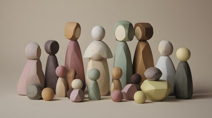 Natural wood and pastel toys scattered as family plays in harmony