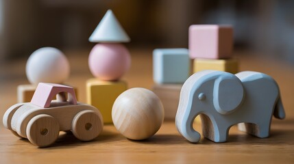 Natural wood and pastel toys scattered as family plays in harmony