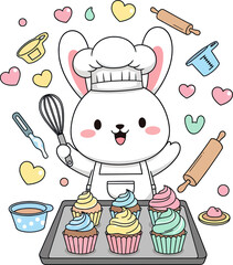 Cute bunny baker presenting colorful cupcakes ready for a sweet celebration