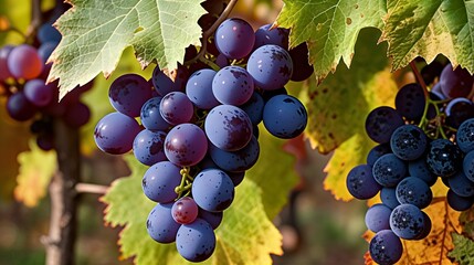 Fresh Purple Grapes on the Vine 300 DPI. Fresh purple grapes hanging on the vine in a sunny vineyard. Ideal for food branding, wine ads, agriculture, and organic product marketing. AI generated image
