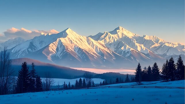 Snowy mountains above sea of clouds at sunrise