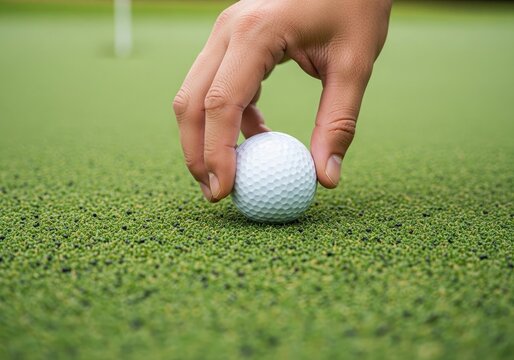 Hand places golf ball on green grass in golf course outdoors detail shot of equipment sport competition game recreation scene - Powered by Adobe