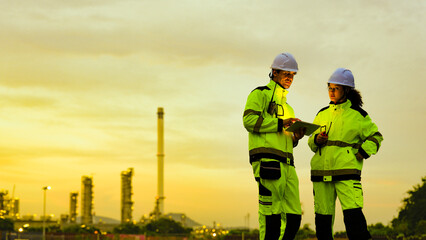 male and female engineer in high-vis gear and hard hats use a tablet. They are collaborating at an industrial factory or refinery site during a golden sunset.
