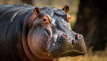 Close-up of a large hippopotamus, showing its face and skin.
