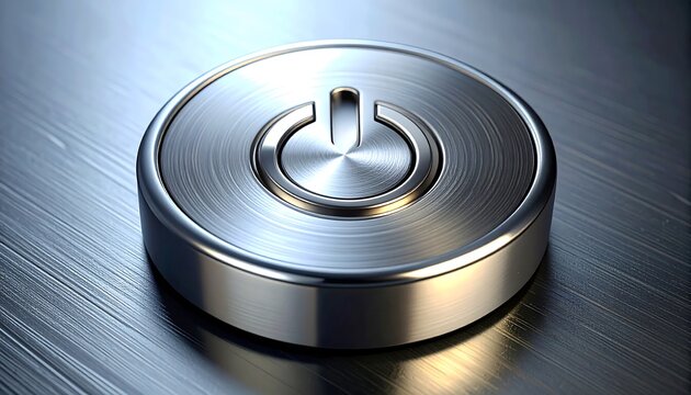 Close-up of a metallic power button with a power symbol.