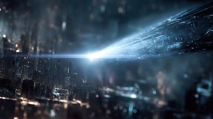 Naklejka premium Futuristic cityscape with a bright beam of light illuminating the skyline at night