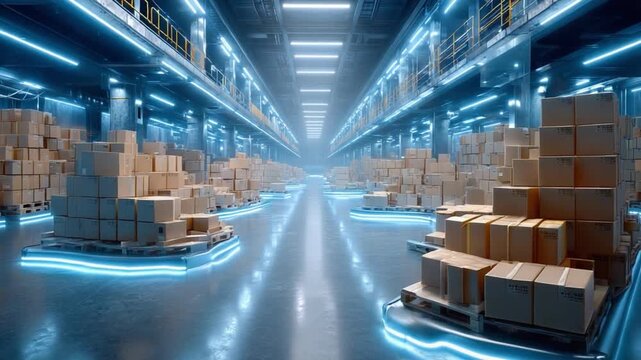 Logistics Hub: A captivating view inside a modern, expansive logistics warehouse, with towering stacks of packaged goods, pallets and the subtle glow of the technological infrastructure.