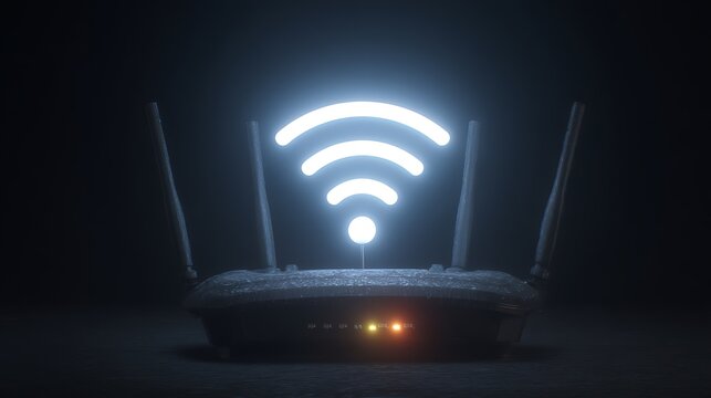 A modern Wi-Fi router emitting a glowing signal in a dark, minimalist setting, showcasing connectivity